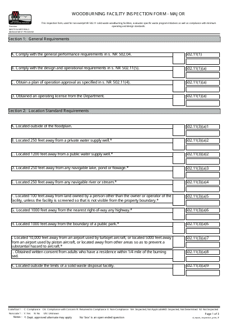 Woodburning Facility Inspection Form - Major - Wisconsin Download Pdf