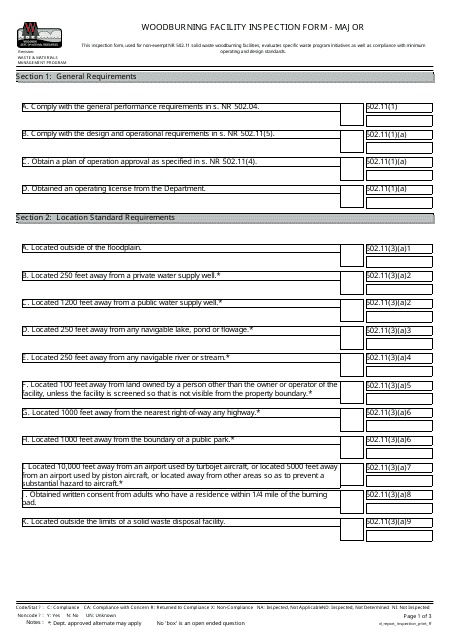 Woodburning Facility Inspection Form - Major - Wisconsin