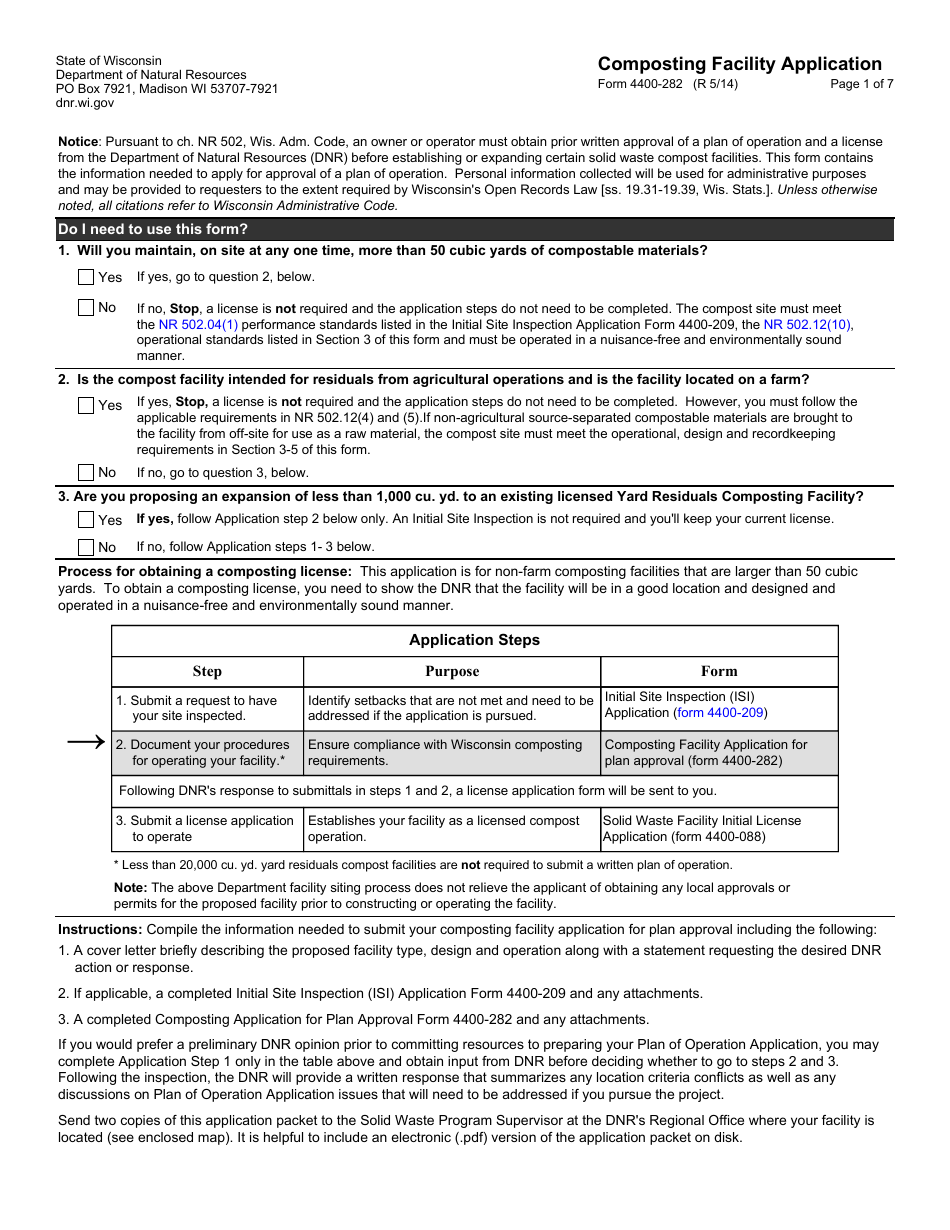 Form 4400-282 Composting Facility Application - Wisconsin, Page 1