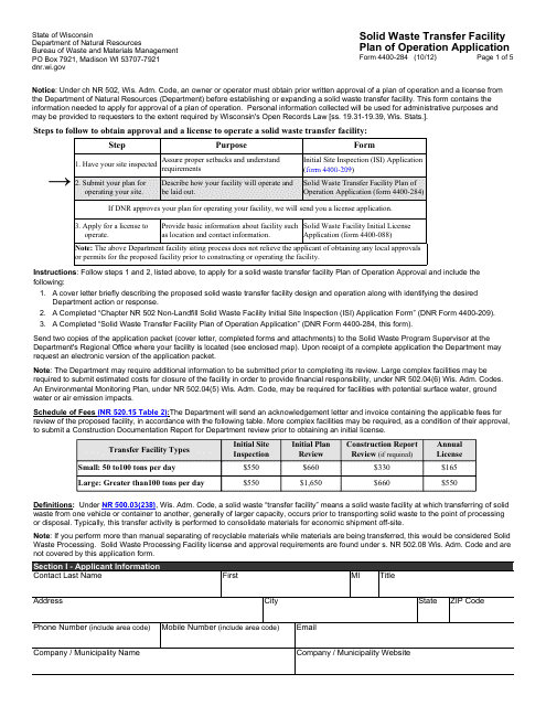 Form 4400-284 Solid Waste Transfer Facility Plan of Operation Application - Wisconsin