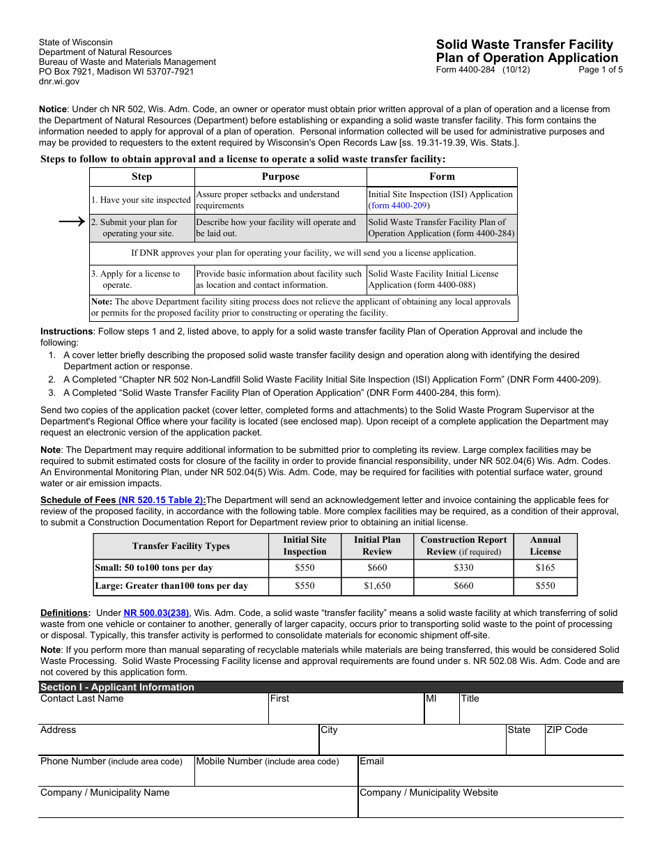 Form 4400-284 Solid Waste Transfer Facility Plan of Operation Application - Wisconsin, Page 1