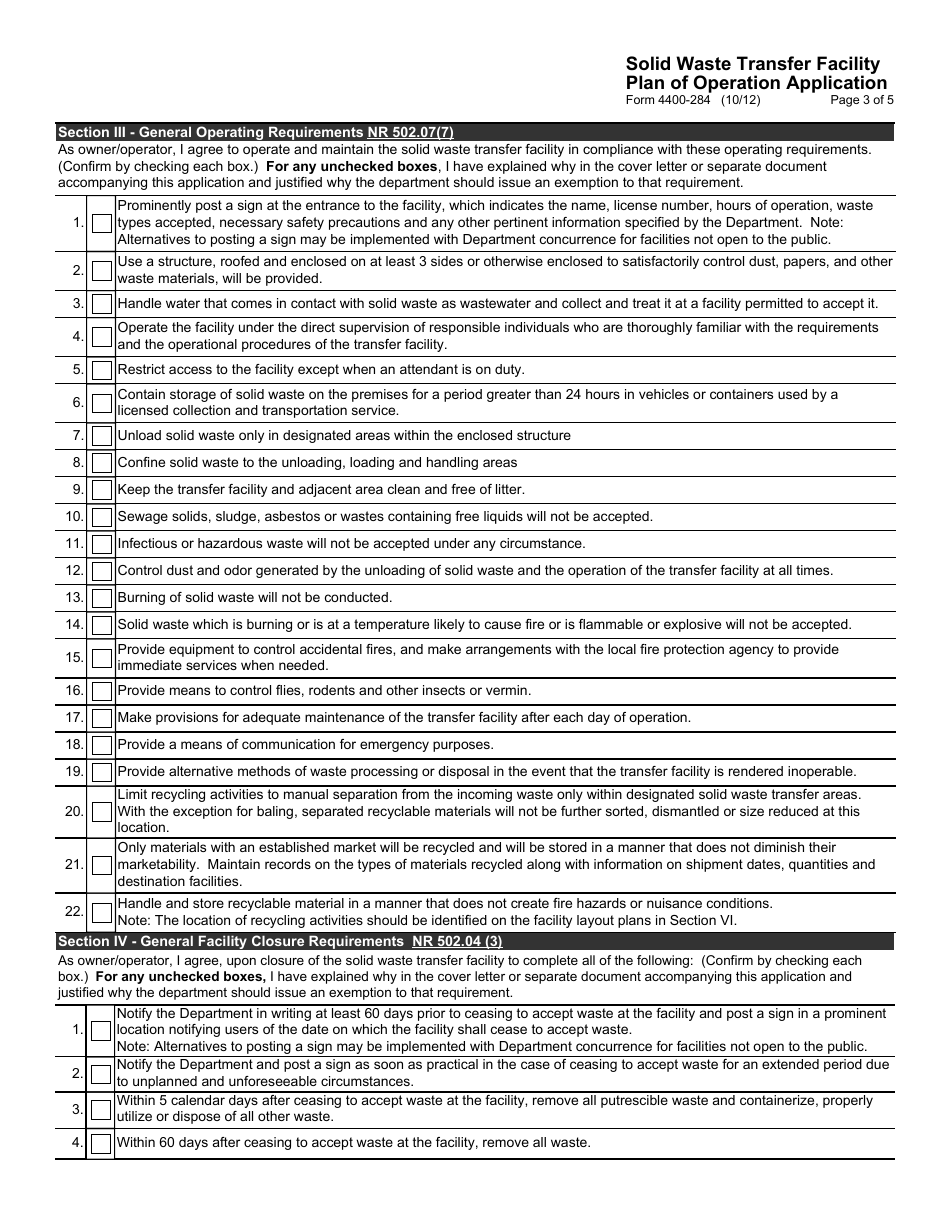 Form 4400-284 Solid Waste Transfer Facility Plan of Operation Application - Wisconsin, Page 3