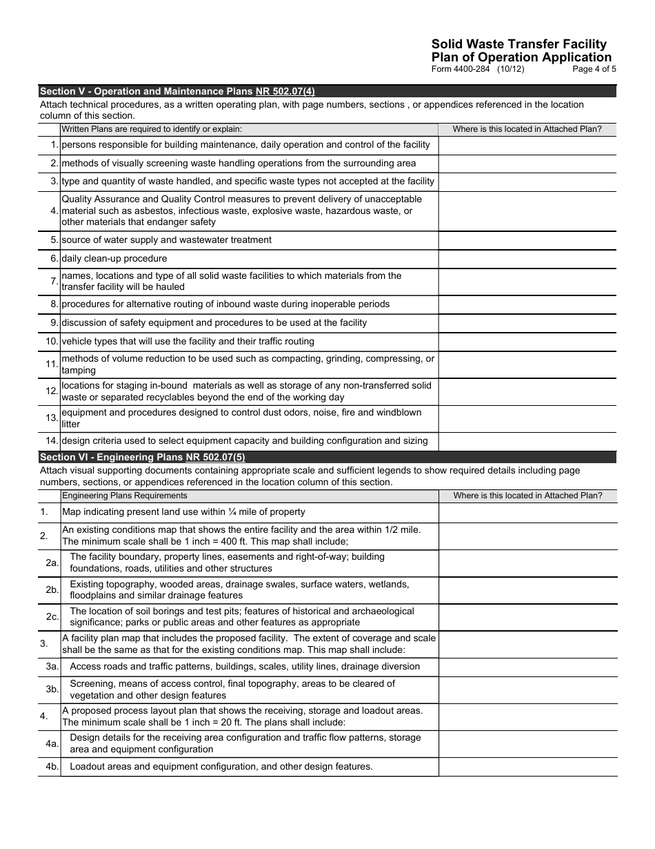 Form 4400-284 Solid Waste Transfer Facility Plan of Operation Application - Wisconsin, Page 4
