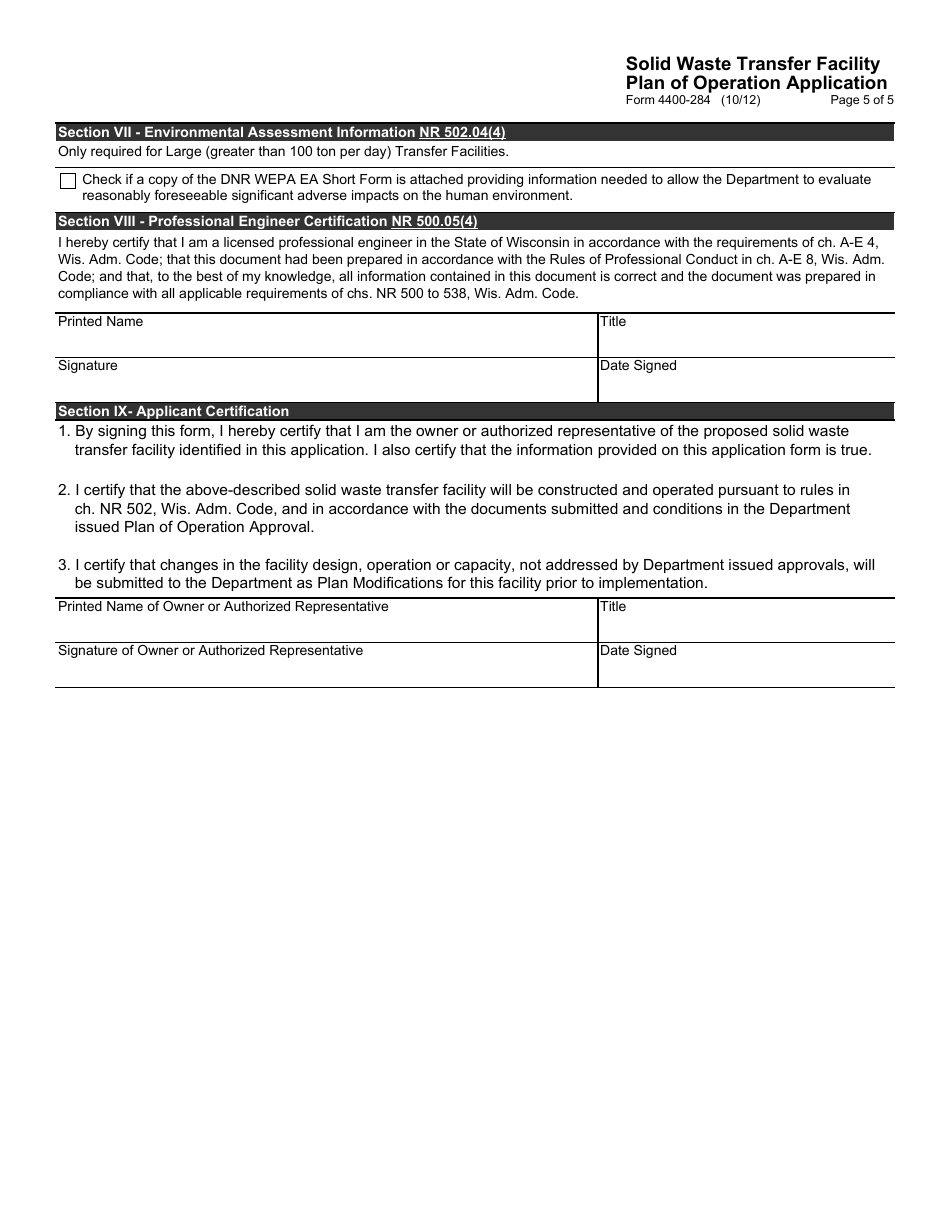 Form 4400-284 Solid Waste Transfer Facility Plan of Operation Application - Wisconsin, Page 5