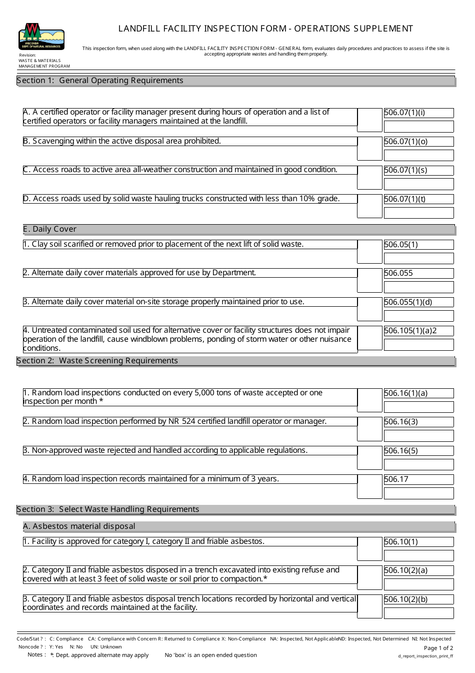 Landfill Facility Inspection Form - Operations Supplement - Wisconsin, Page 1