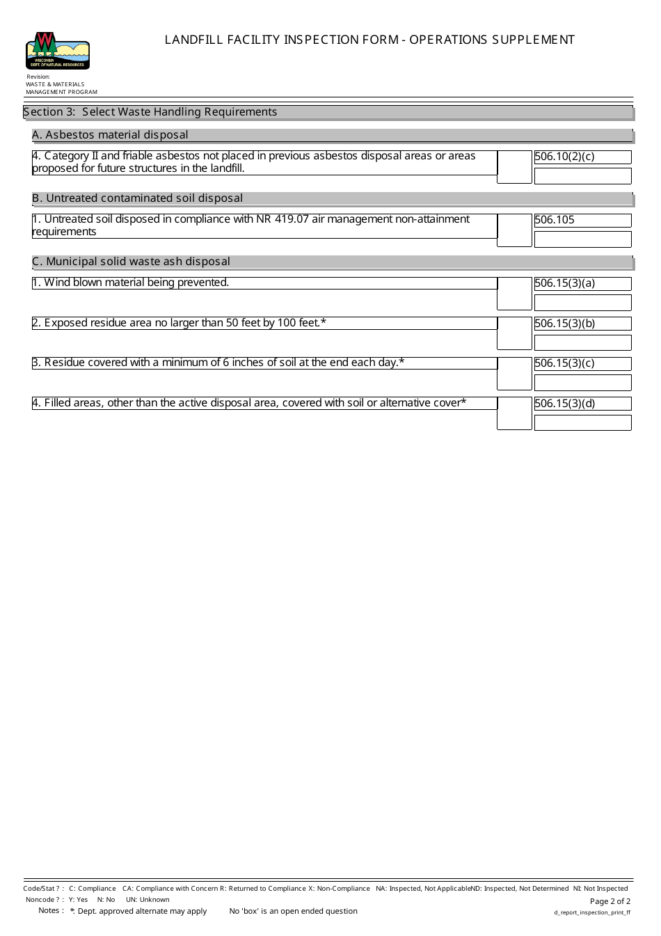 Landfill Facility Inspection Form - Operations Supplement - Wisconsin, Page 2