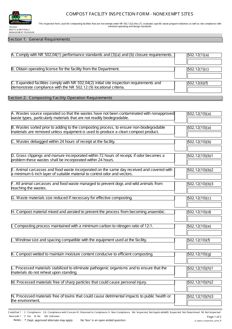 Compost Facility Inspection Form - Nonexempt Sites - Wisconsin, Page 1
