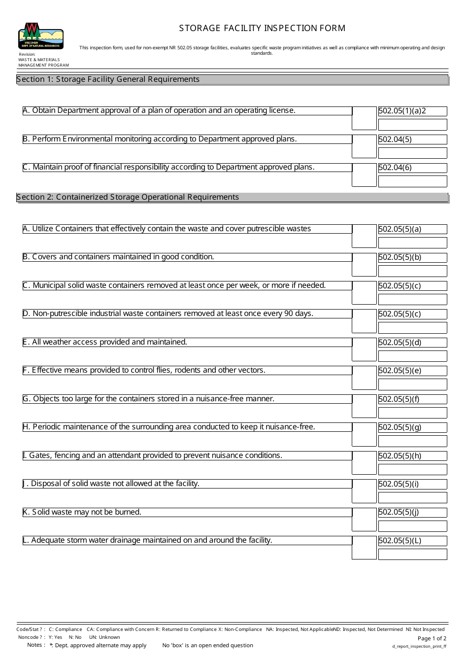 Storage Facility Inspection Form - Wisconsin, Page 1