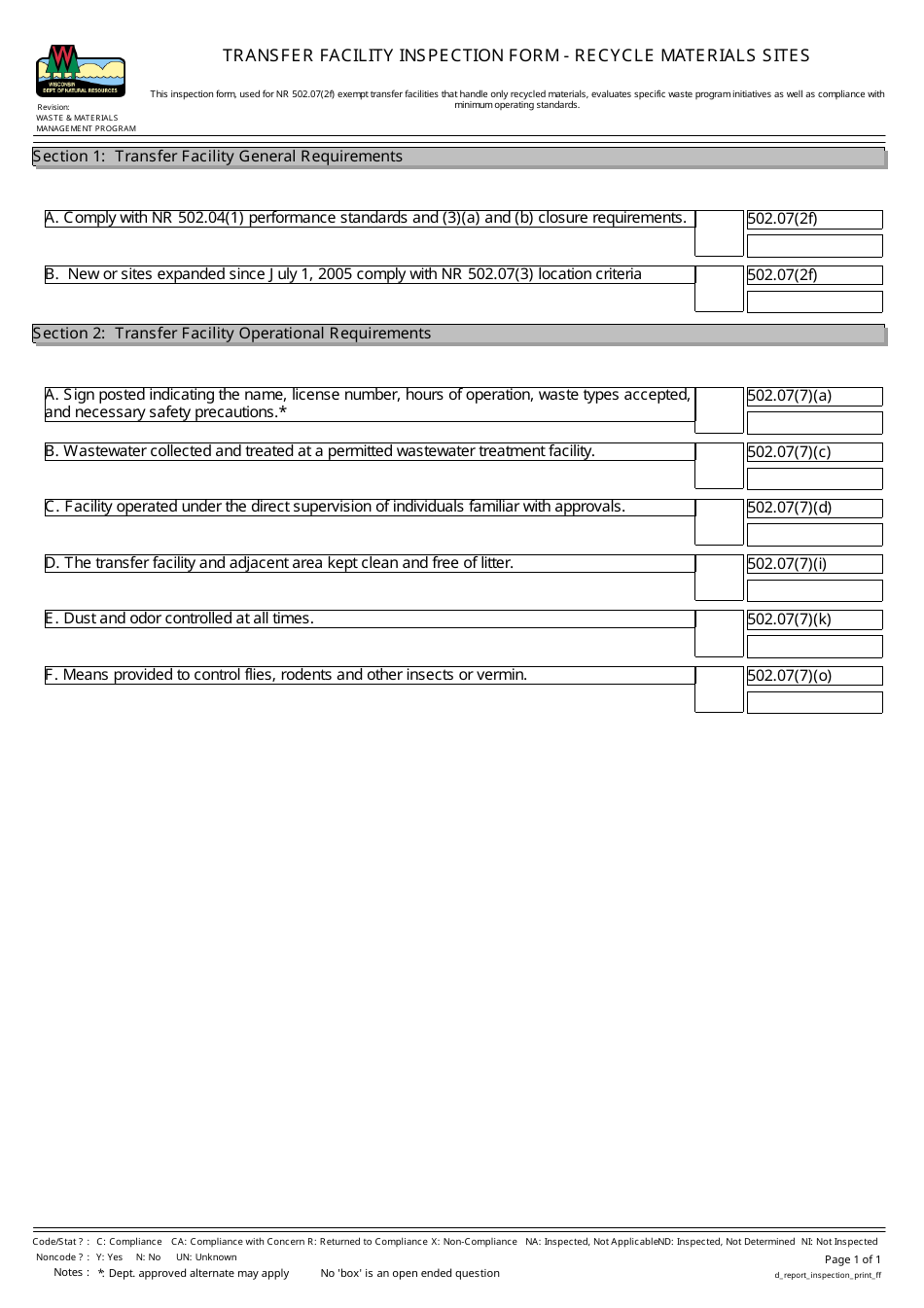 Transfer Facility Inspection Form - Recycle Materials Sites - Wisconsin, Page 1