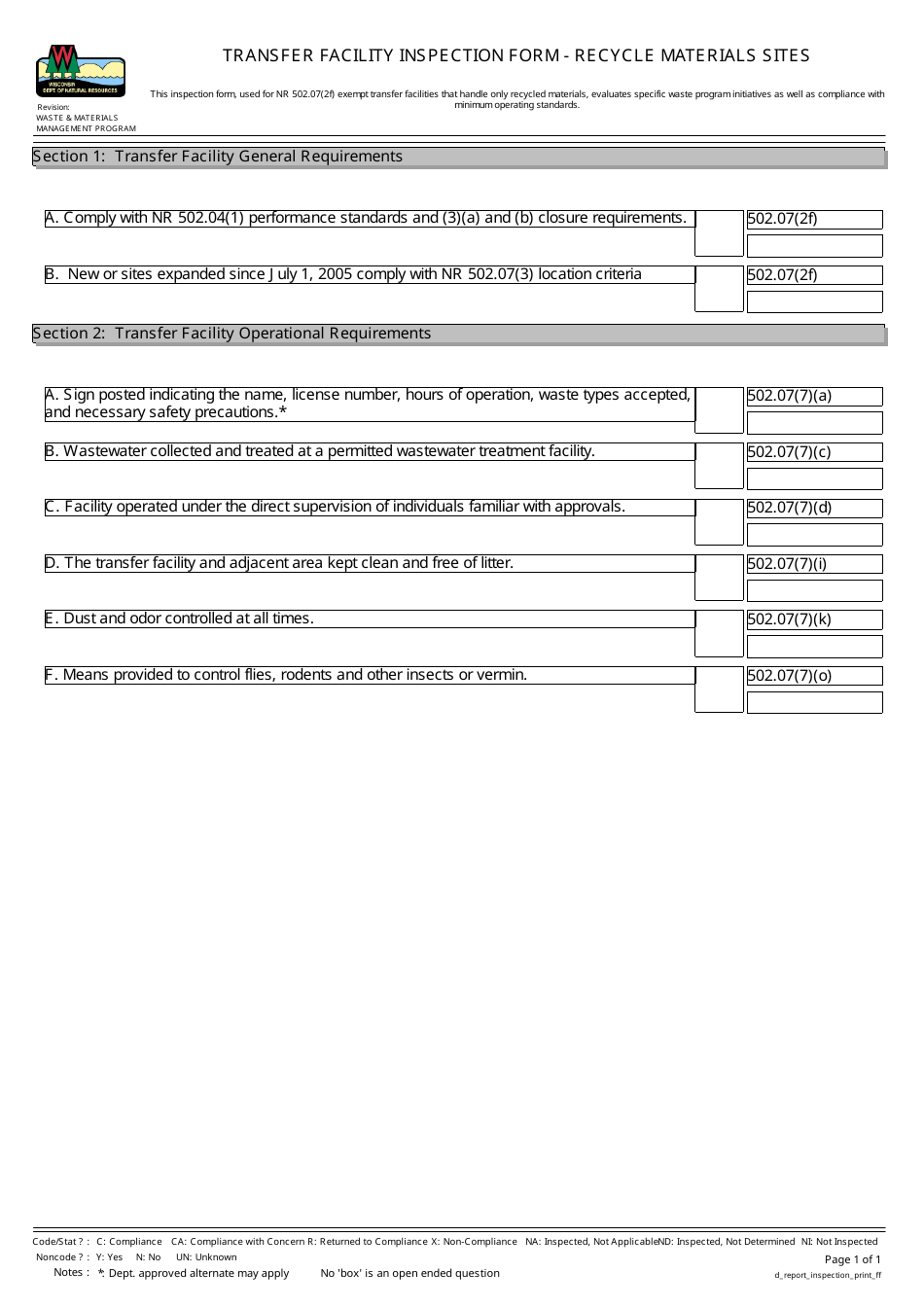 Wisconsin Transfer Facility Inspection Form - Recycle Materials Sites ...