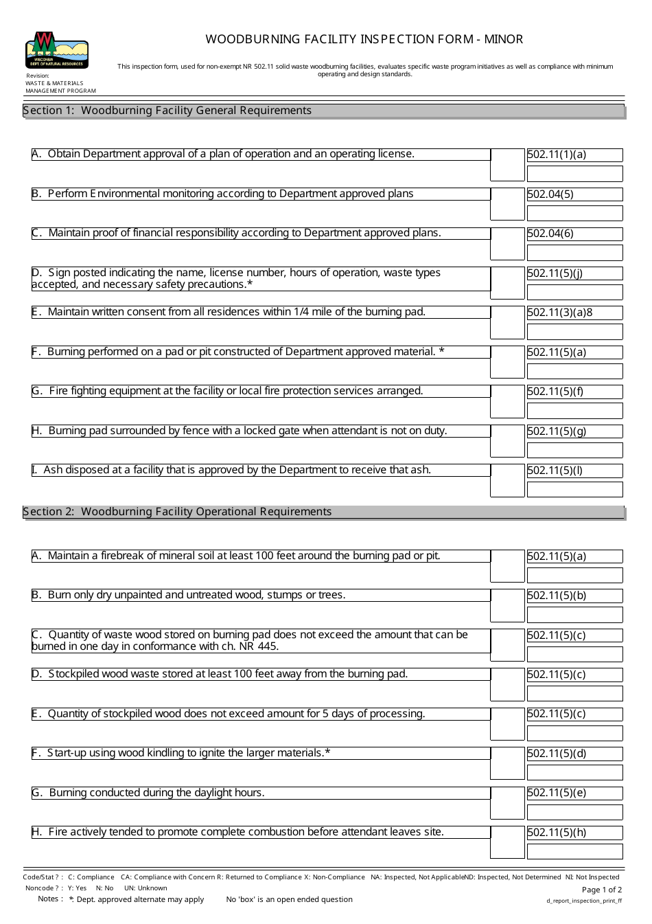 Woodburning Facility Inspection Form - Minor - Wisconsin, Page 1