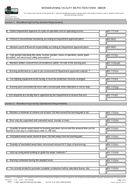 Woodburning Facility Inspection Form - Minor - Wisconsin Download Pdf