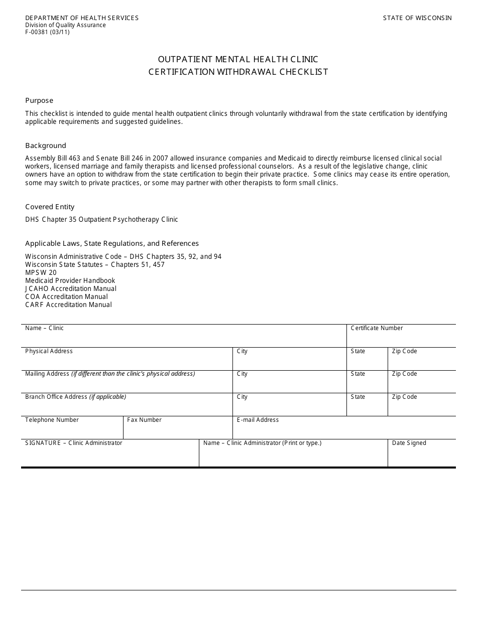 Form F-00381 Outpatient Mental Health Clinic Certification Withdrawal Checklist - Wisconsin, Page 1