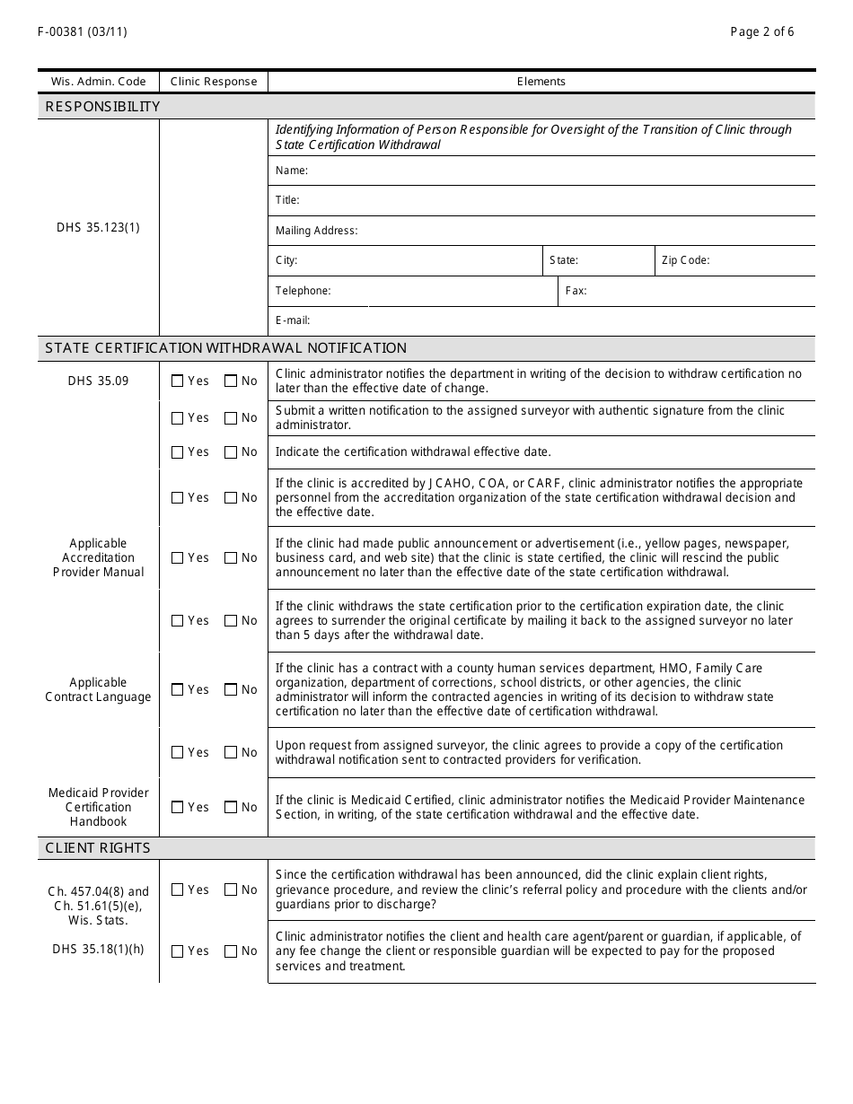 Form F-00381 Outpatient Mental Health Clinic Certification Withdrawal Checklist - Wisconsin, Page 2