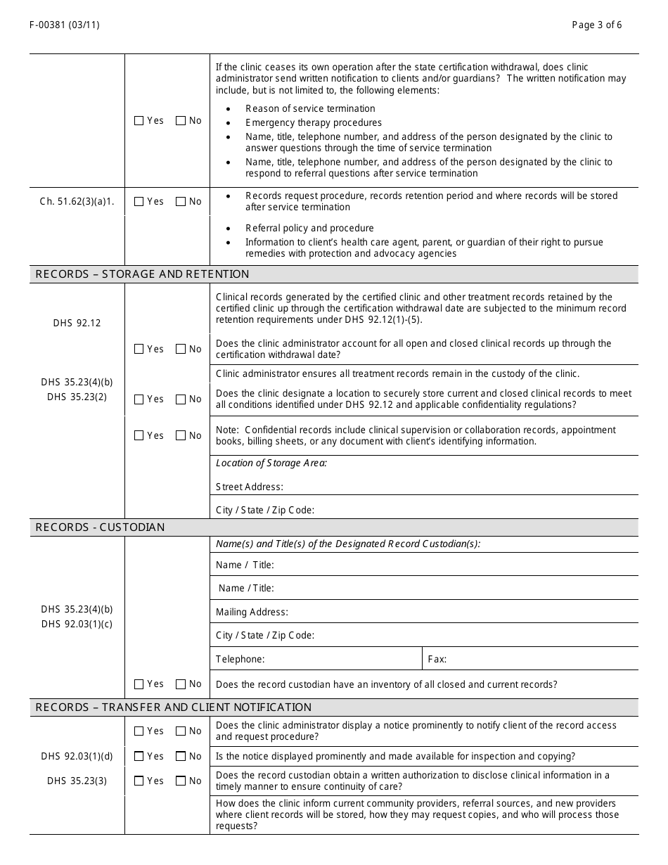 Form F-00381 Outpatient Mental Health Clinic Certification Withdrawal Checklist - Wisconsin, Page 3