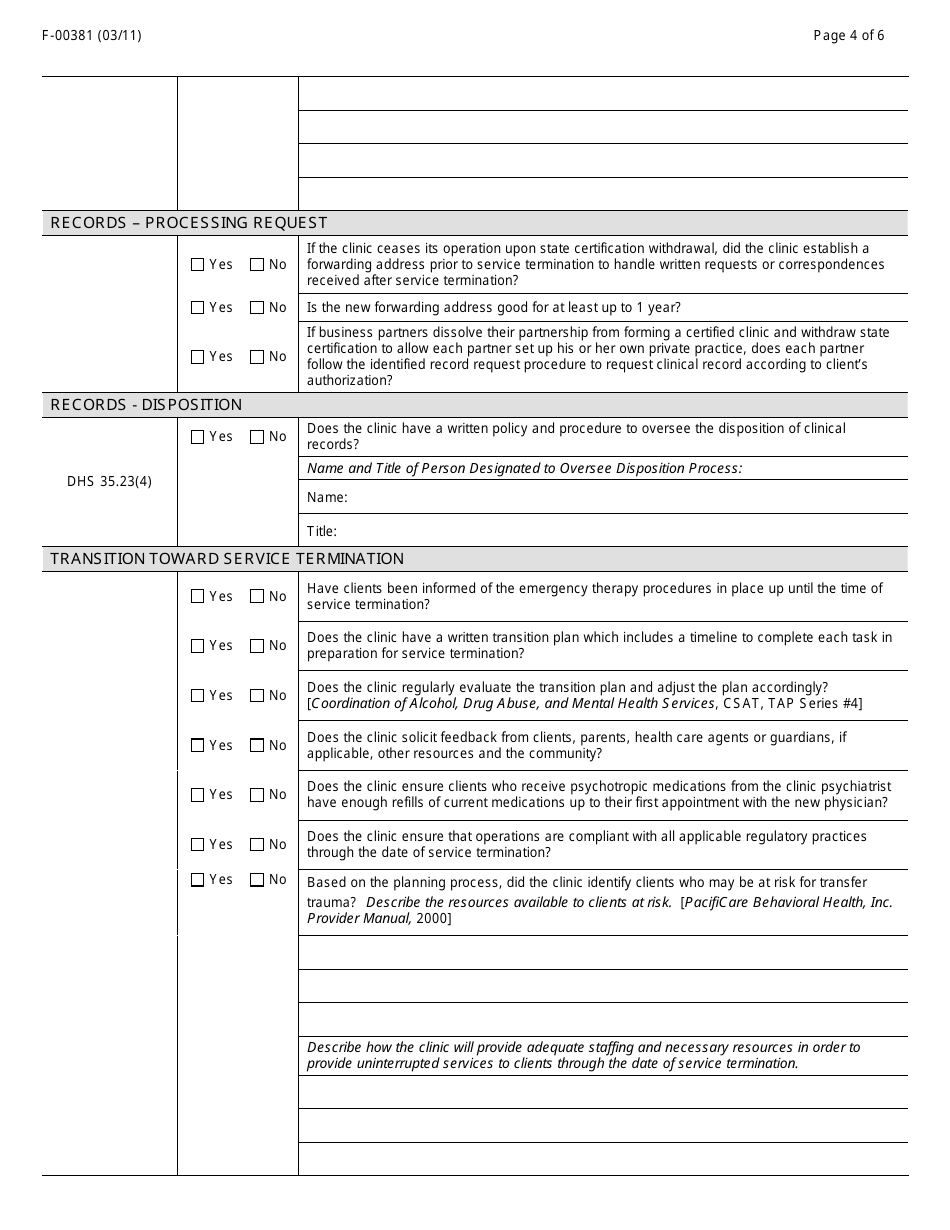 Form F-00381 Outpatient Mental Health Clinic Certification Withdrawal Checklist - Wisconsin, Page 4