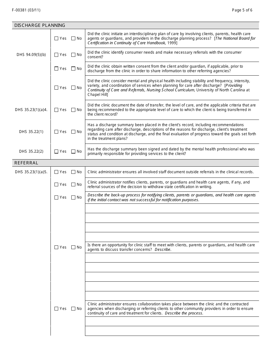 Form F-00381 Outpatient Mental Health Clinic Certification Withdrawal Checklist - Wisconsin, Page 5