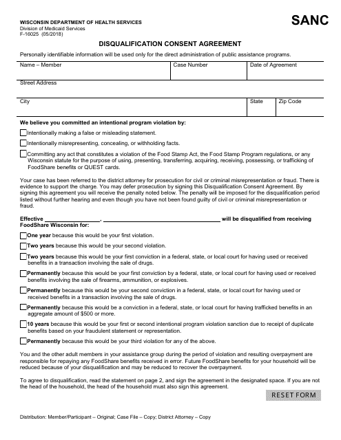 Form F-16025 Disqualification Consent Agreement - Wisconsin