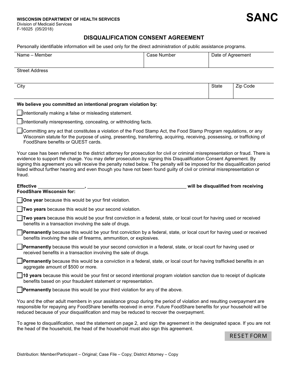 Form F-16025 Disqualification Consent Agreement - Wisconsin, Page 1