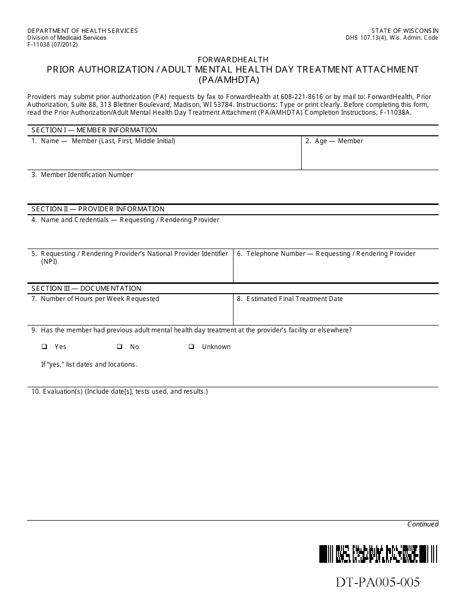 Form F-11038 Prior Authorization / Adult Mental Health Day Treatment Attachment (Pa / Mhdta) - Wisconsin, Page 1