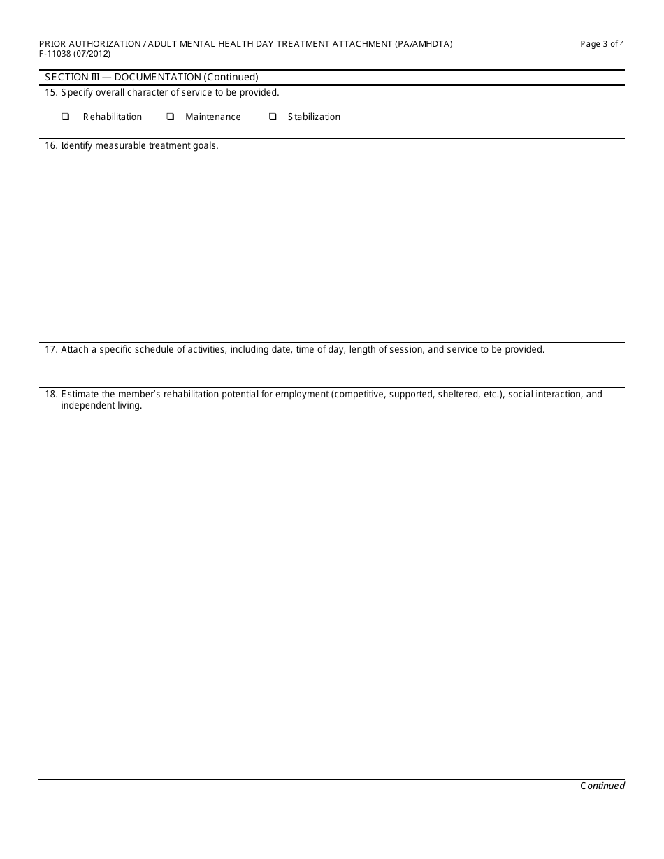 Form F-11038 Prior Authorization / Adult Mental Health Day Treatment Attachment (Pa / Mhdta) - Wisconsin, Page 3