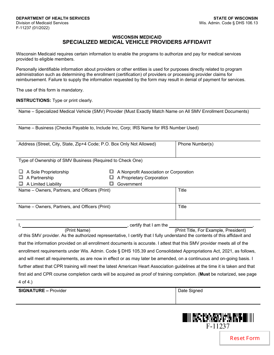 Form F-11237 Specialized Medical Vehicle Providers Affidavit - Wisconsin, Page 1