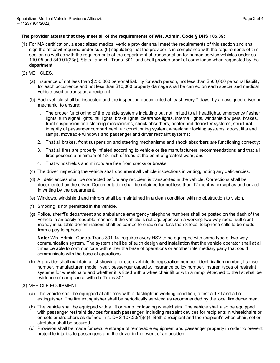 Form F-11237 Specialized Medical Vehicle Providers Affidavit - Wisconsin, Page 2
