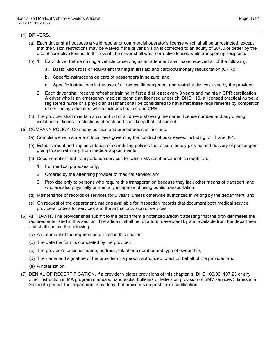 Form F-11237 Specialized Medical Vehicle Providers Affidavit - Wisconsin, Page 3