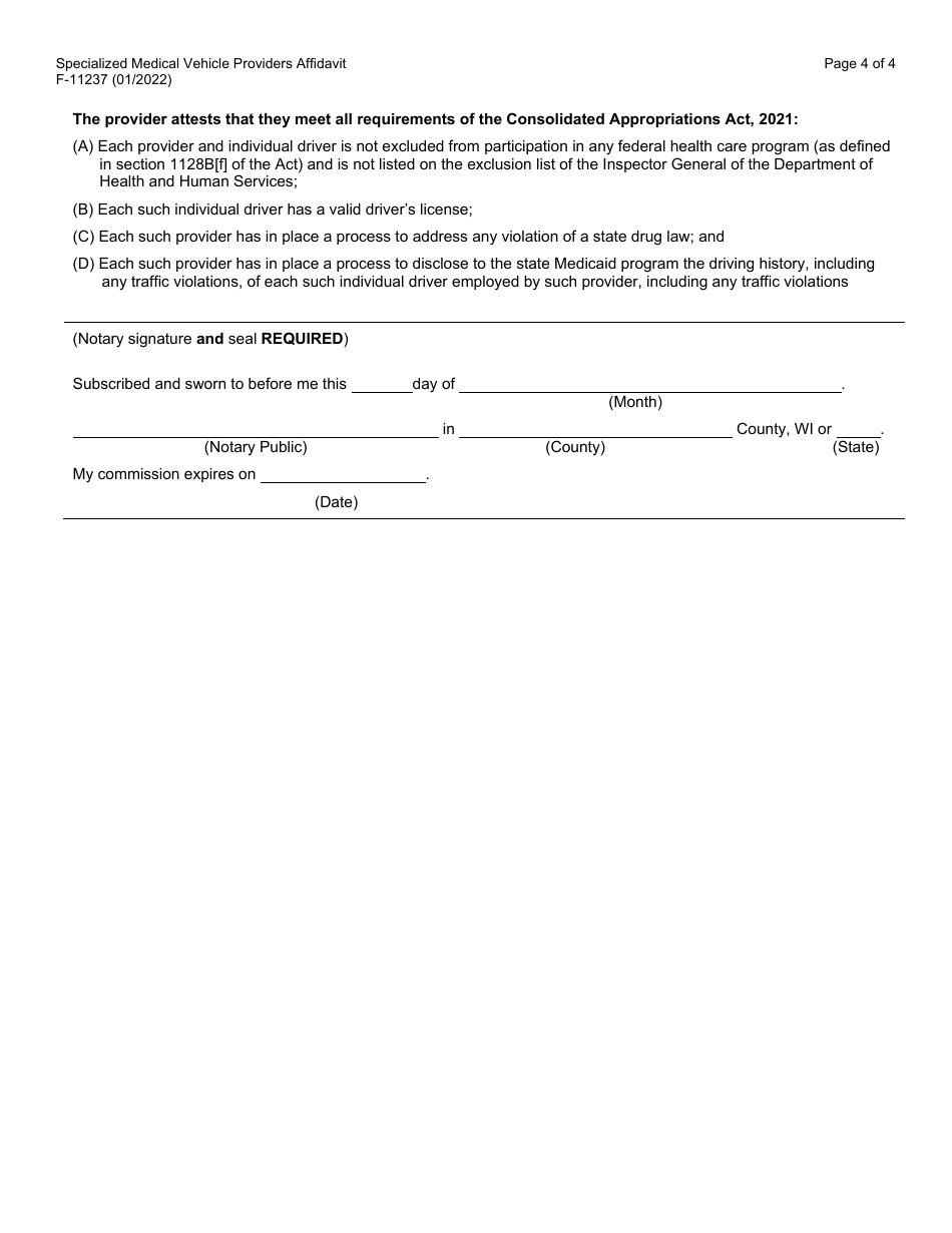 Form F-11237 Specialized Medical Vehicle Providers Affidavit - Wisconsin, Page 4