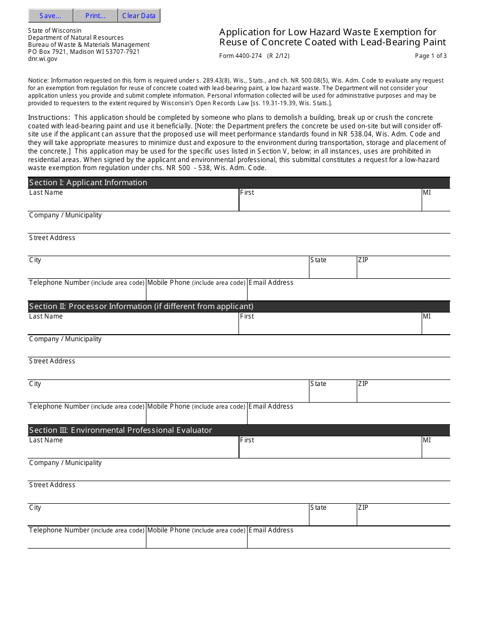 Form 4400-274 Low Hazard Waste Exemption Application for Reuse of Concrete Coated With Lead-Bearing Paint - Wisconsin, Page 1
