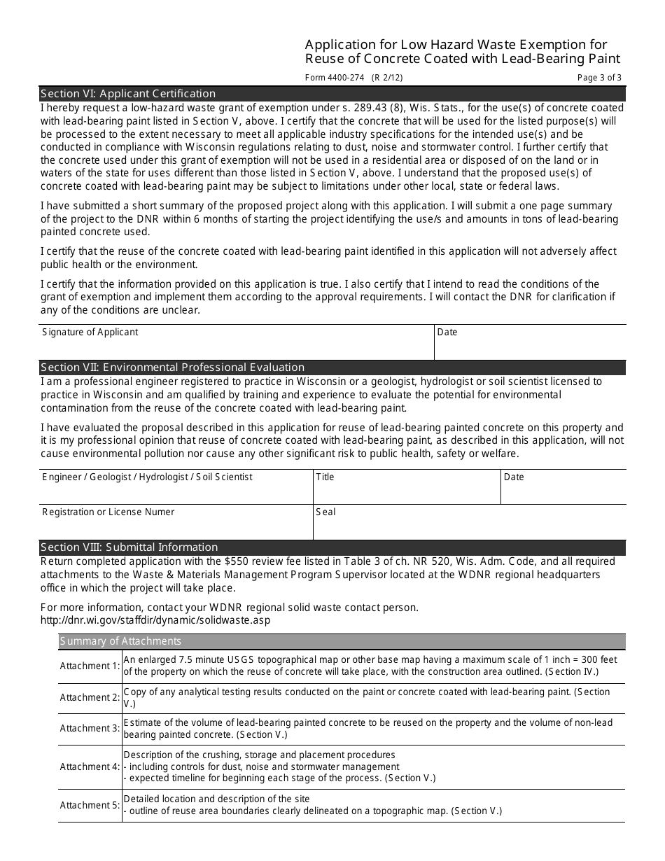 Form 4400-274 Low Hazard Waste Exemption Application for Reuse of Concrete Coated With Lead-Bearing Paint - Wisconsin, Page 3