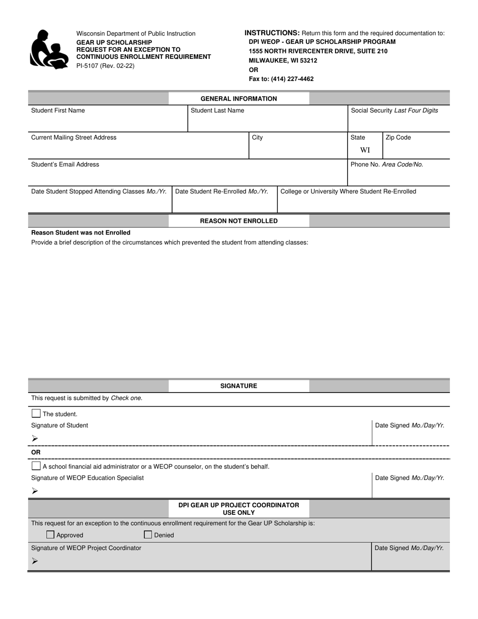 Form PI-5107 Gear up Scholarship Request for an Exception to Continuous Enrollment Requirement - Wisconsin, Page 1