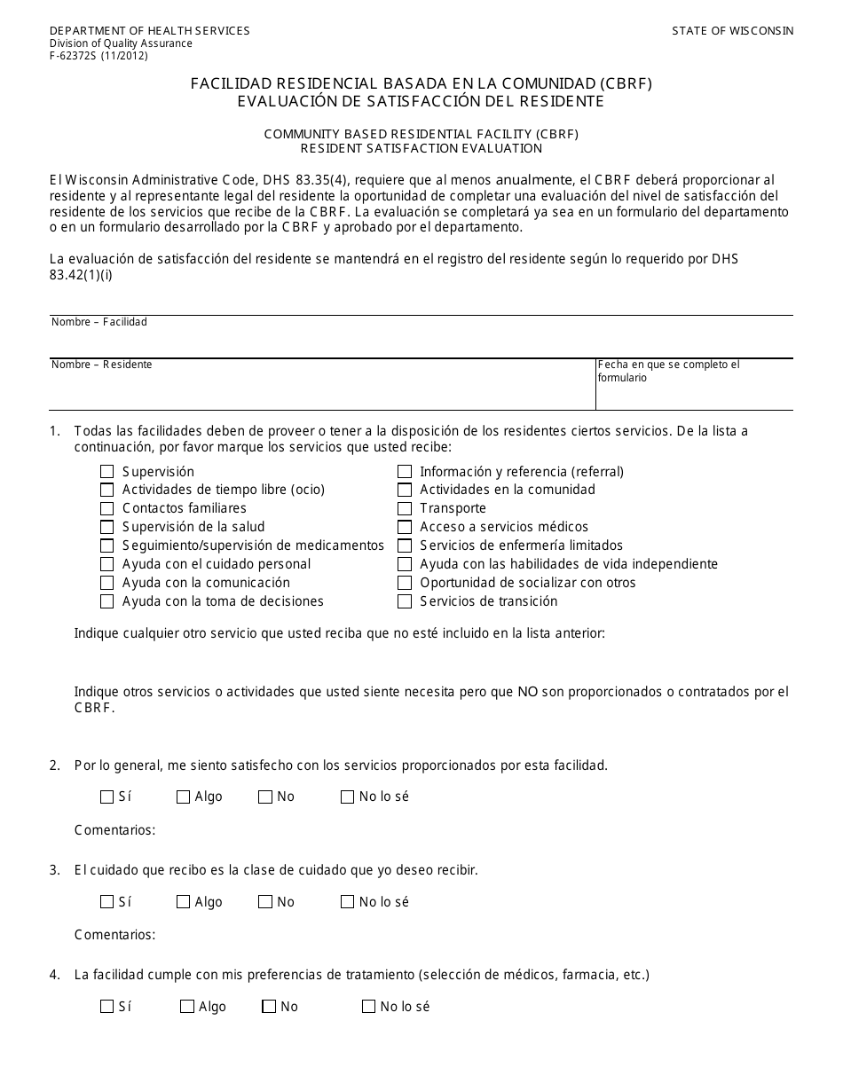 Formulario F-62372 Facilidad Residencial Basada En La Comunidad (Cbrf) Evaluacion De Satisfaccion Del Residente - Wisconsin (Spanish), Page 1