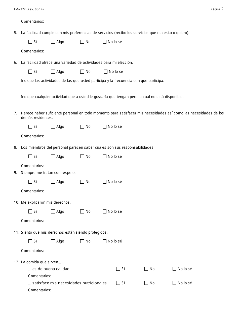 Formulario F-62372 Facilidad Residencial Basada En La Comunidad (Cbrf) Evaluacion De Satisfaccion Del Residente - Wisconsin (Spanish), Page 2
