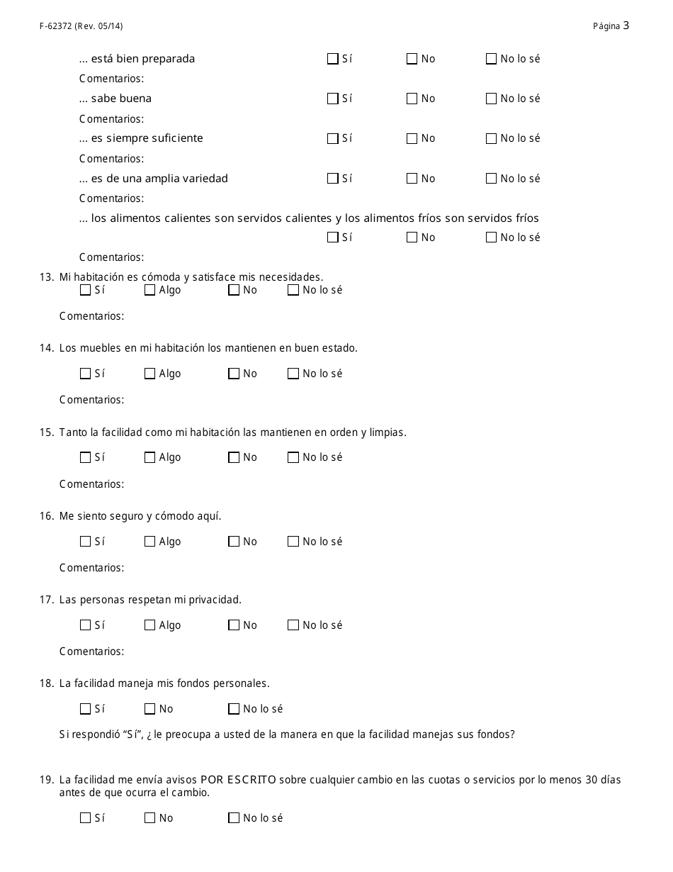 Formulario F-62372 Facilidad Residencial Basada En La Comunidad (Cbrf) Evaluacion De Satisfaccion Del Residente - Wisconsin (Spanish), Page 3