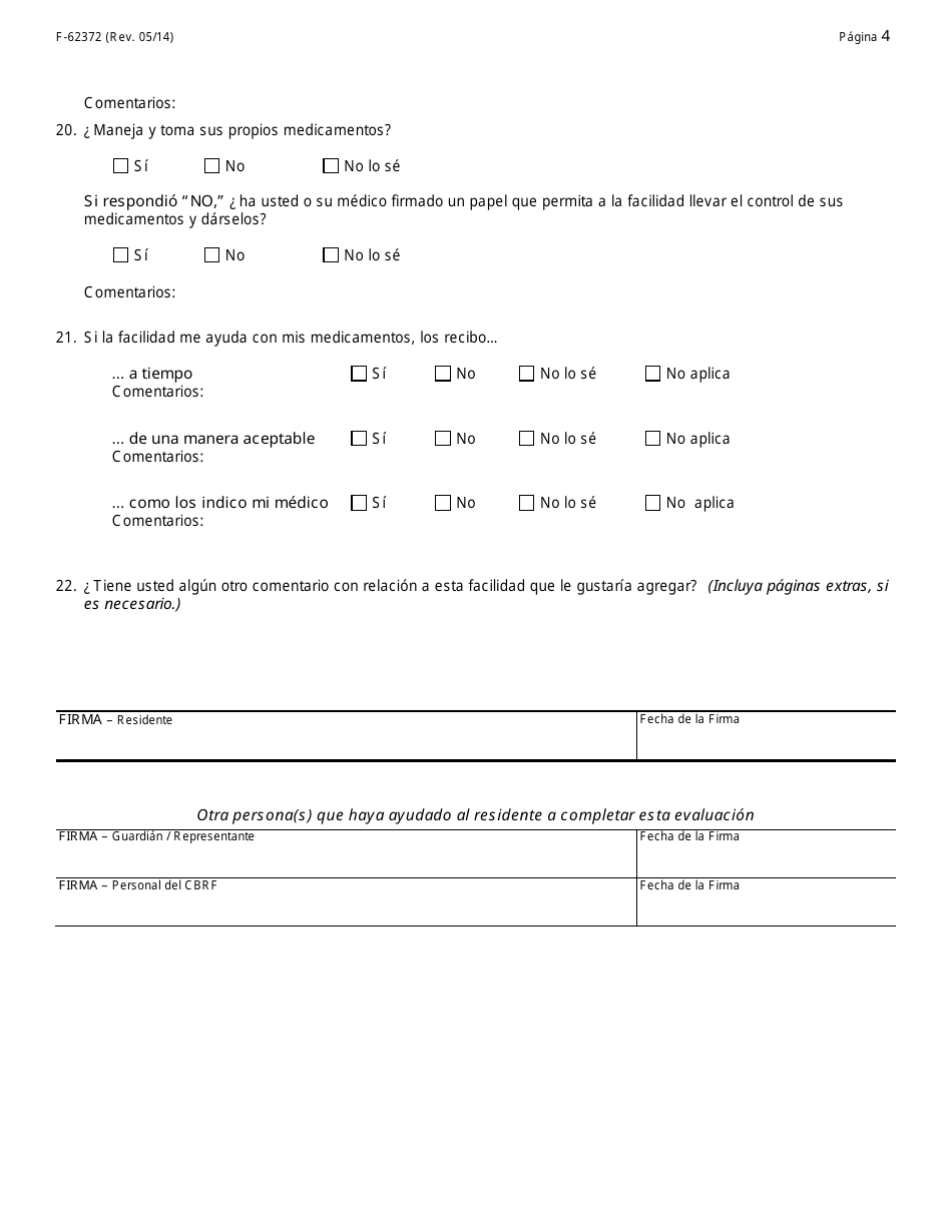 Formulario F-62372 Facilidad Residencial Basada En La Comunidad (Cbrf) Evaluacion De Satisfaccion Del Residente - Wisconsin (Spanish), Page 4