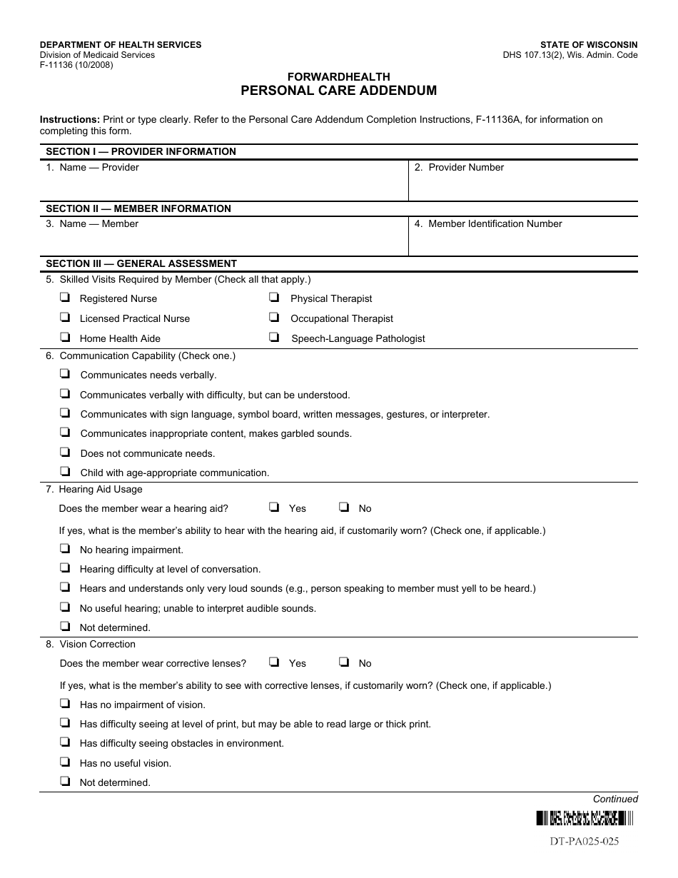 Form F-11136 Personal Care Addendum - Wisconsin, Page 1