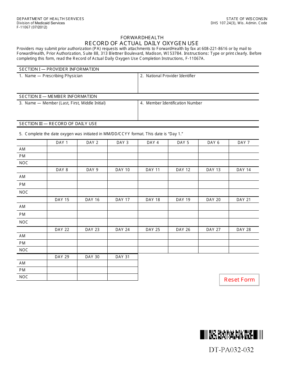 Form F-11067 Record of Actual Daily Oxygen Use - Wisconsin, Page 1