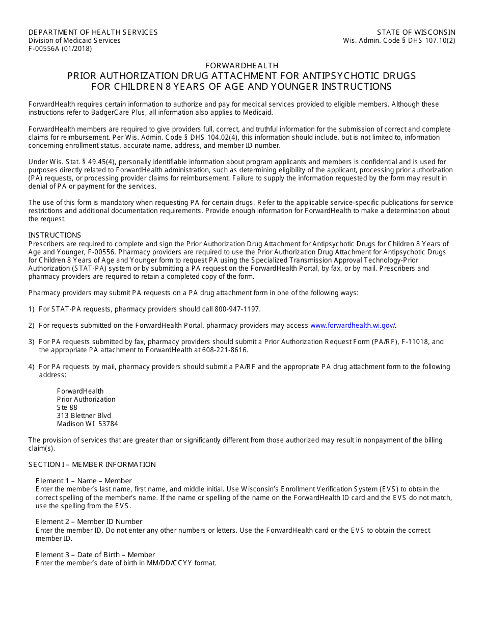 Instructions for Form F-00556 Prior Authorization Drug Attachment for Antipsychotic Drugs for Children 8 Years of Age and Younger - Wisconsin, Page 1