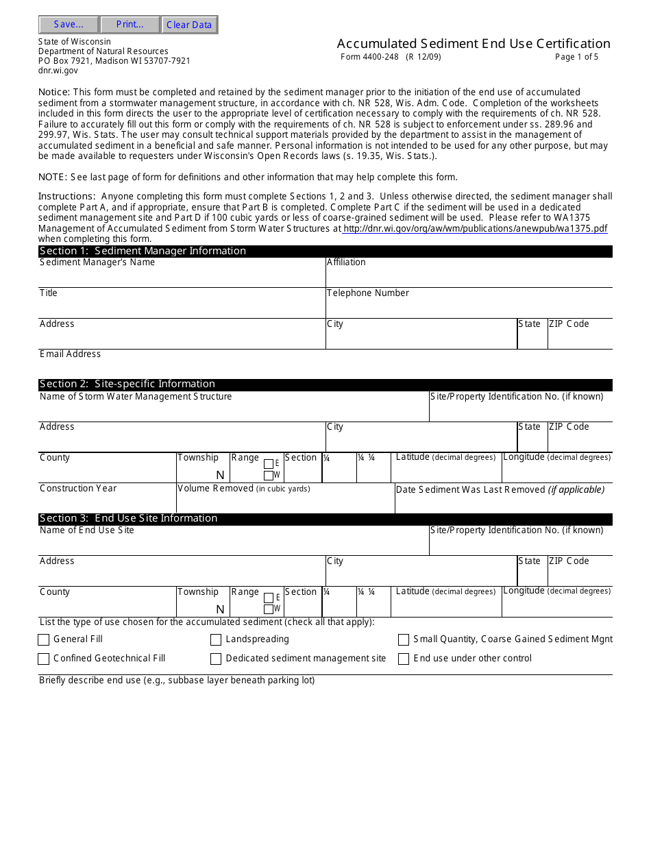 Form 4400-248 Accumulated Sediment End Use Certification - Wisconsin, Page 1