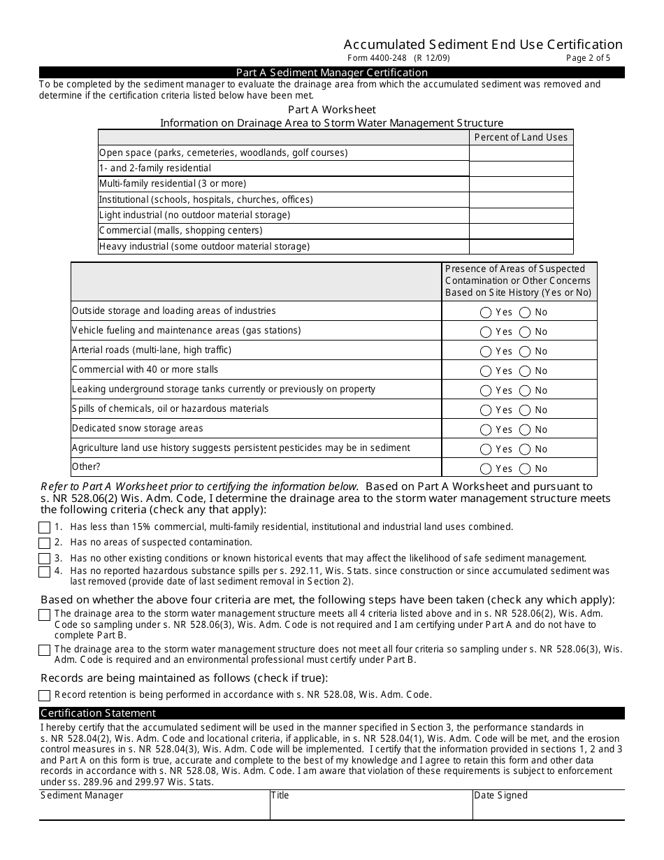 Form 4400-248 Accumulated Sediment End Use Certification - Wisconsin, Page 2