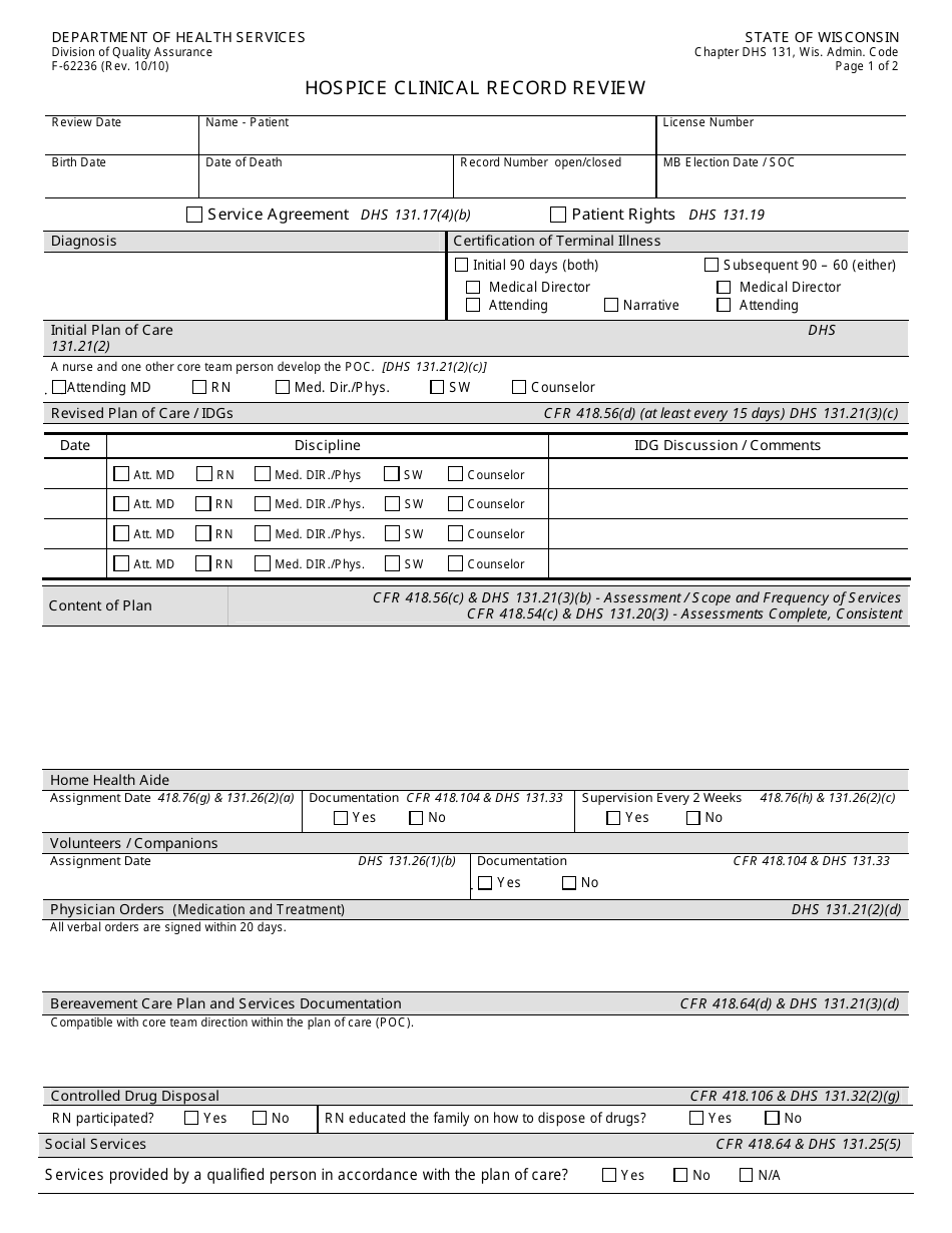 Form F-62236 Hospice Clinical Record Review - Wisconsin, Page 1