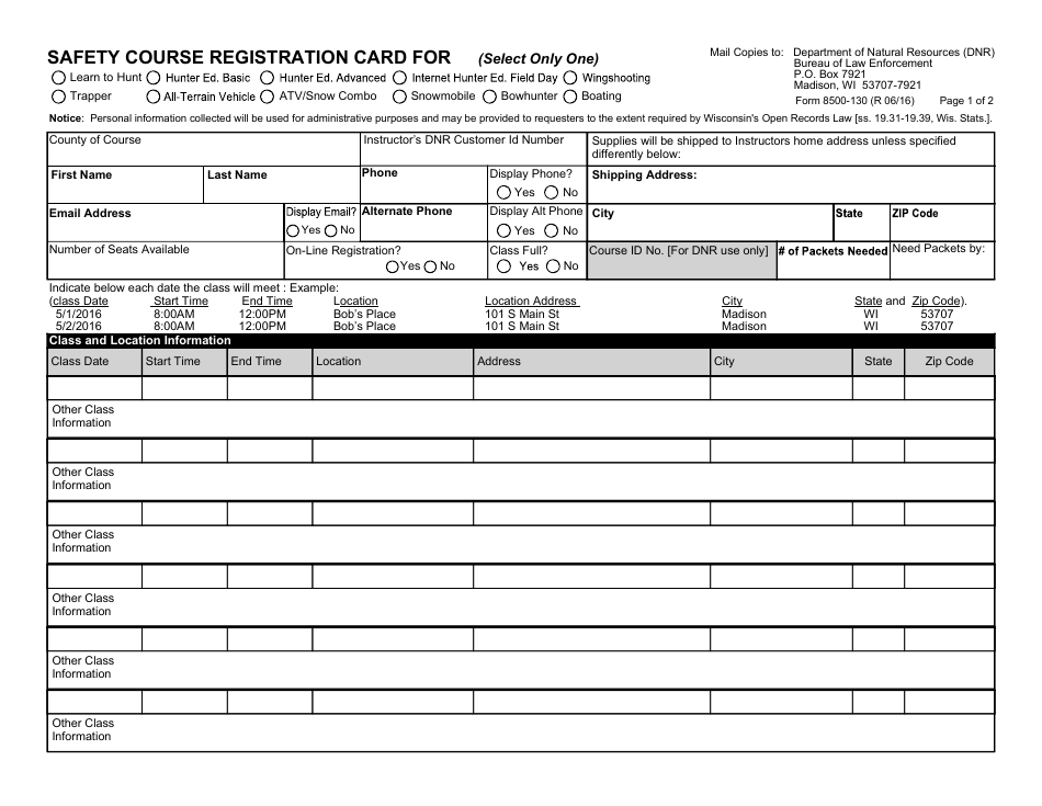 Form 8500-130 Safety Course Registration Card - Wisconsin, Page 1