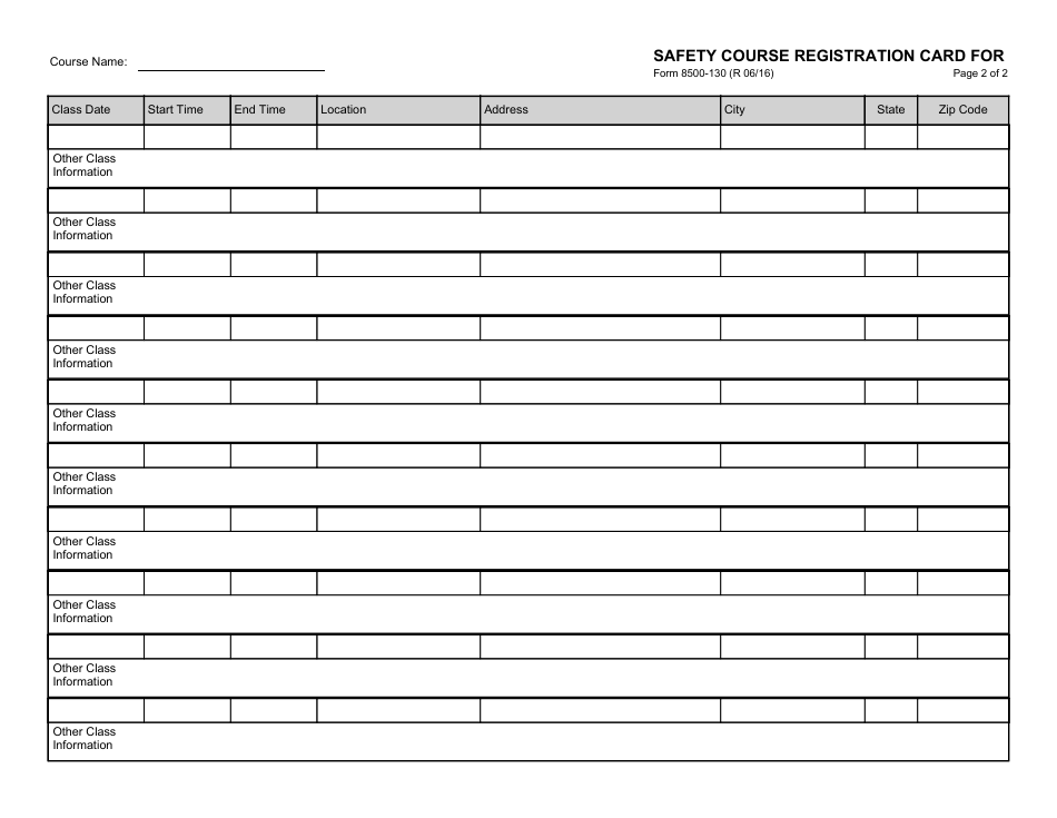 Form 8500-130 Safety Course Registration Card - Wisconsin, Page 2