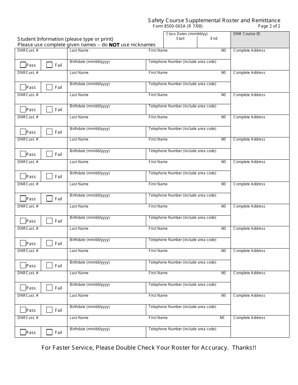 Form 8500-065A Safety Course Supplemental Roster and Remittance - Wisconsin, Page 2