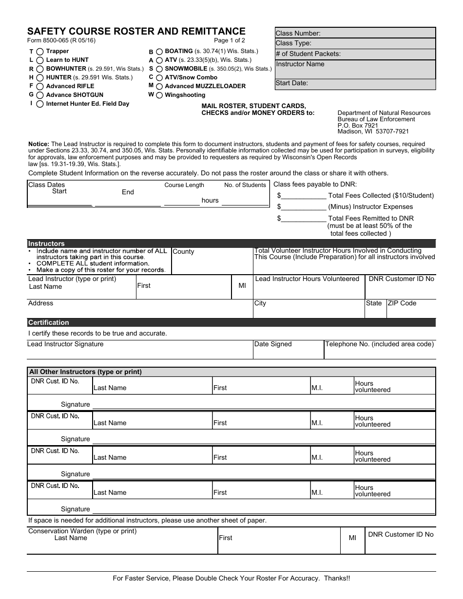 Form 8500-065 Safety Course Roster and Remittance - Wisconsin, Page 1