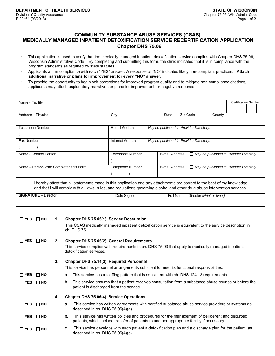 Form F-00464 Community Substance Abuse Services (Csas) Medically Managed Inpatient Detoxification Service Recertification Application - Chapter DHS 75.06 - Wisconsin, Page 1