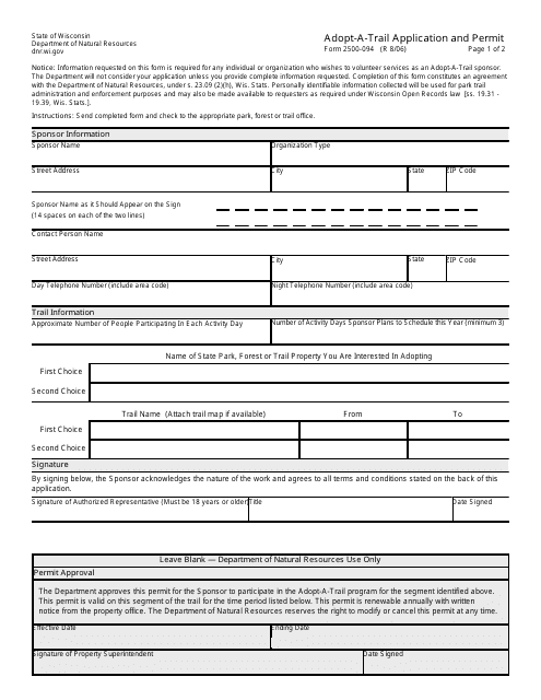 Form 2500-094 Adopt-A-trail Application and Permit - Wisconsin