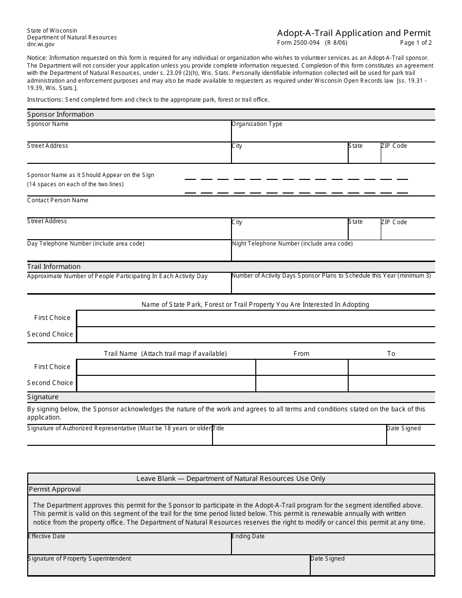 Form 2500-094 Adopt-A-trail Application and Permit - Wisconsin, Page 1