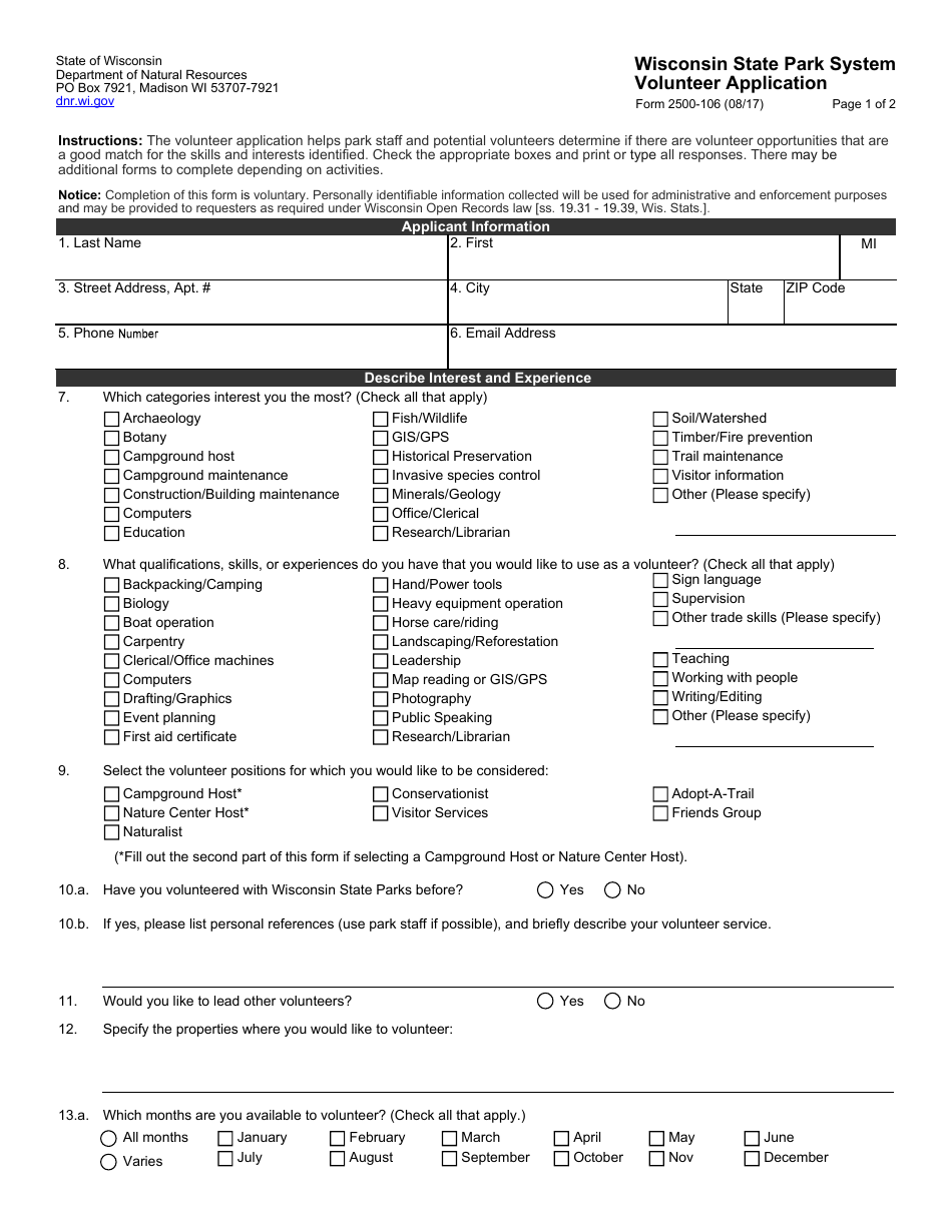 Form 2500-106 Wisconsin State Park System Volunteer Application - Wisconsin, Page 1